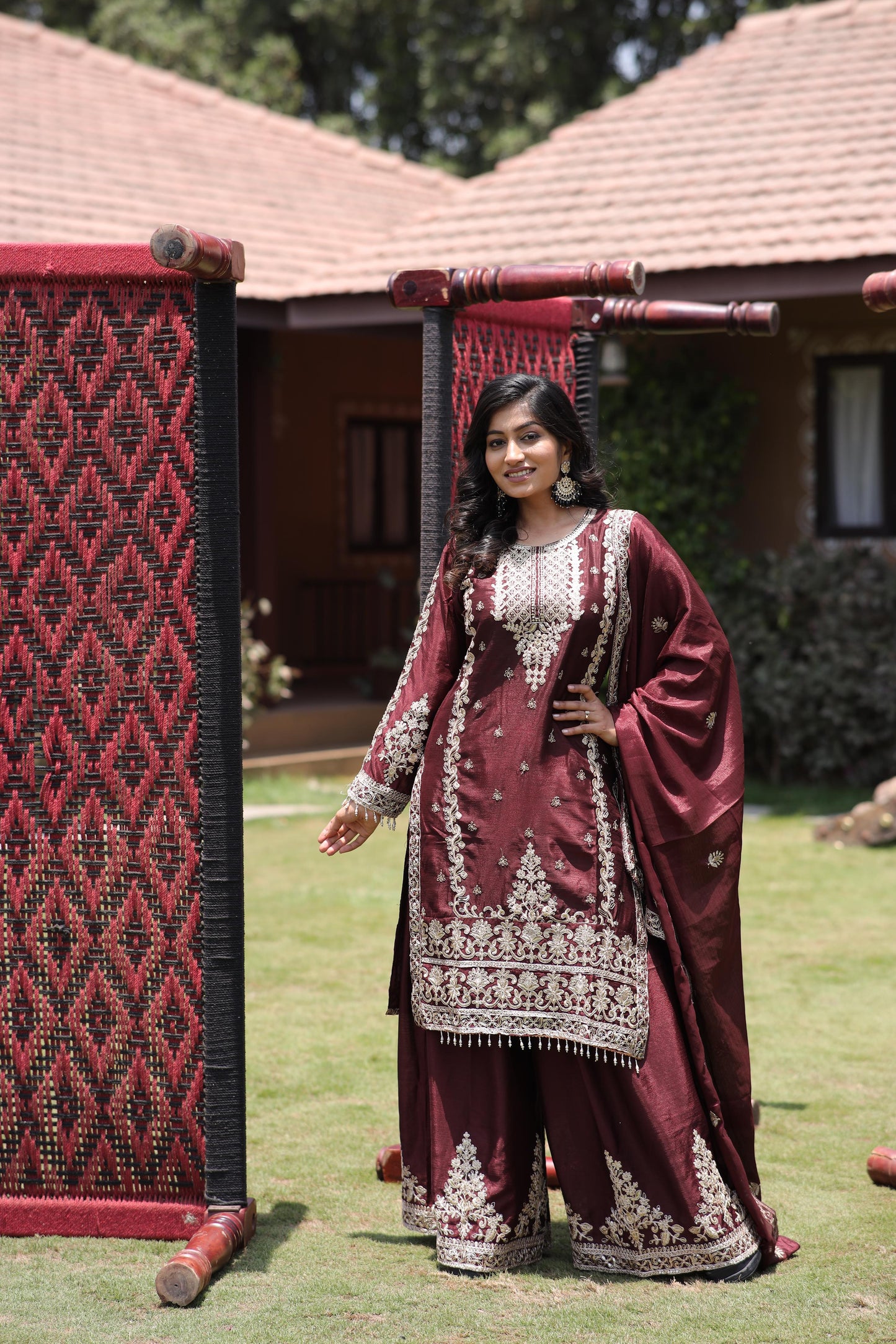 Exquisite Coffee Colour Kurti Plazzo 3-Piece Set