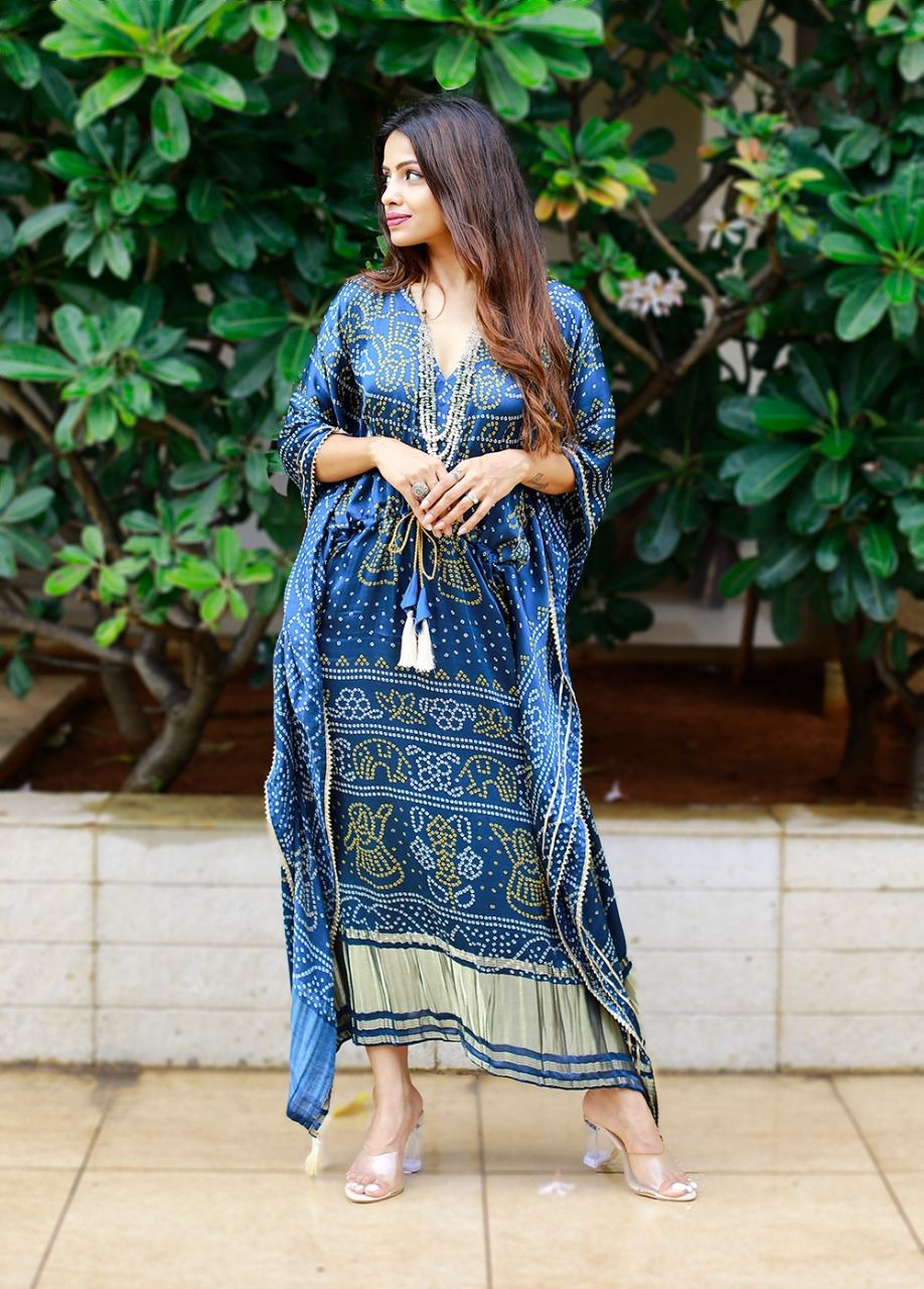 Midnight Blue Bandhani Print Satin Kaftan | Designer Free Size Dress