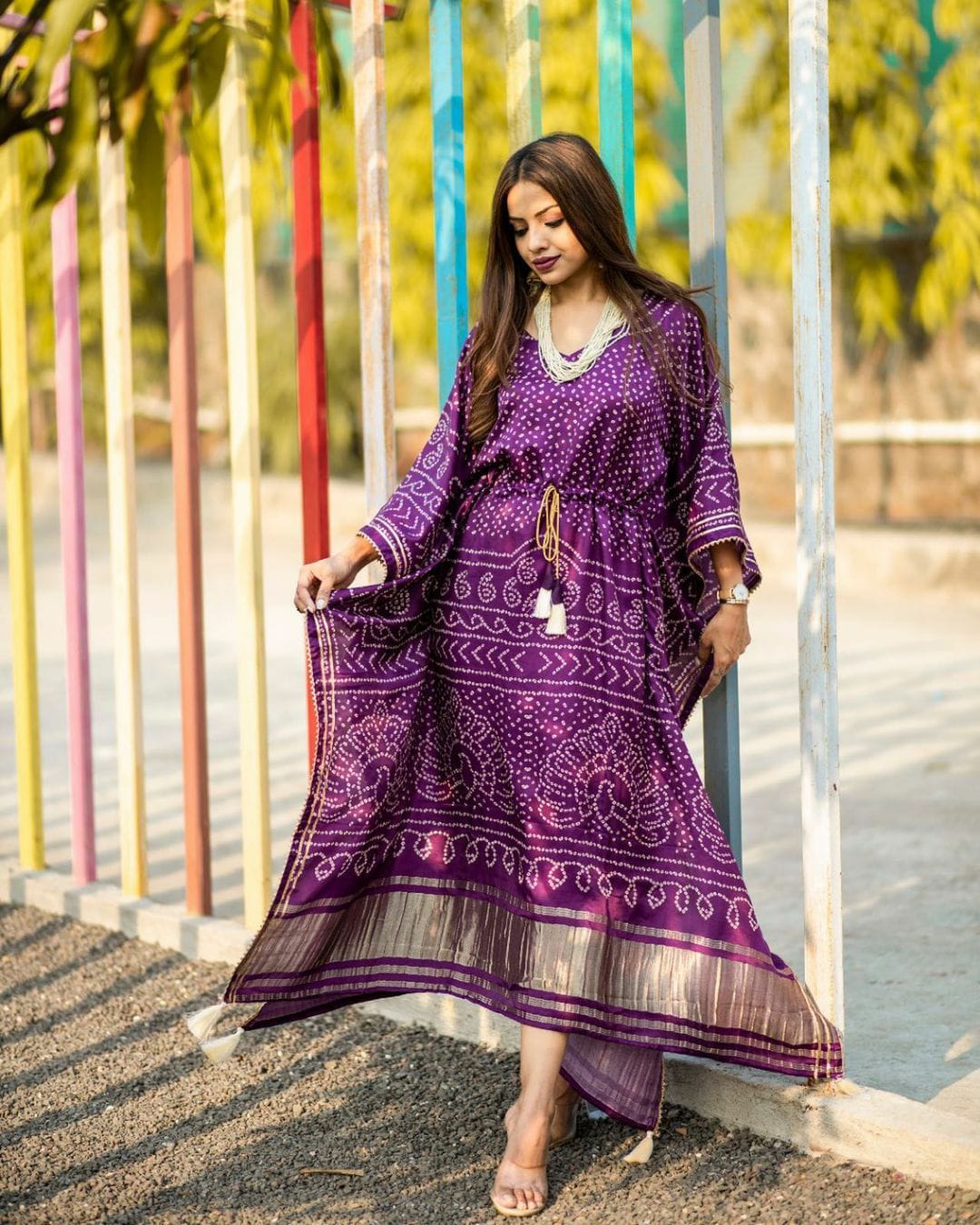 Royal Purple Bandhani Print Satin Kaftan | Designer Free Size Dress