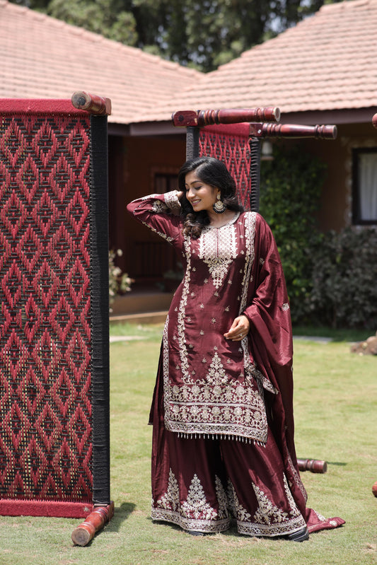 Exquisite Coffee Colour Kurti Plazzo 3-Piece Set