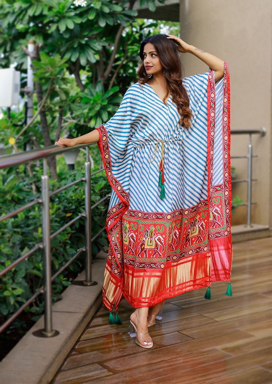 Boho Striped Satin Kaftan with Elephant Print Border | Free Size Designer Dress