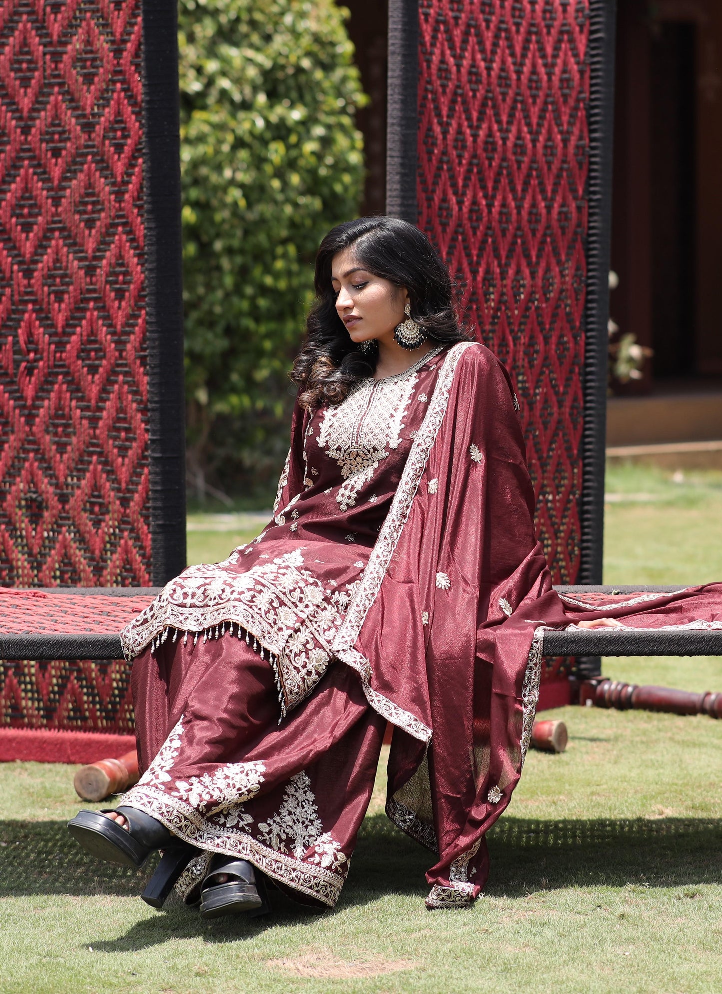 Exquisite Coffee Colour Kurti Plazzo 3-Piece Set