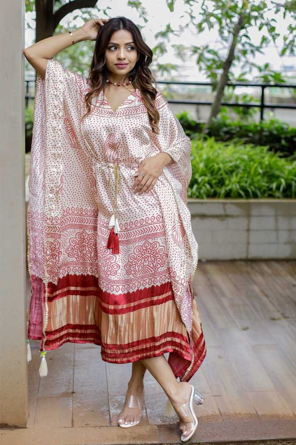 Blush Pink & Maroon Printed Satin Kaftan | Designer Free Size Dress