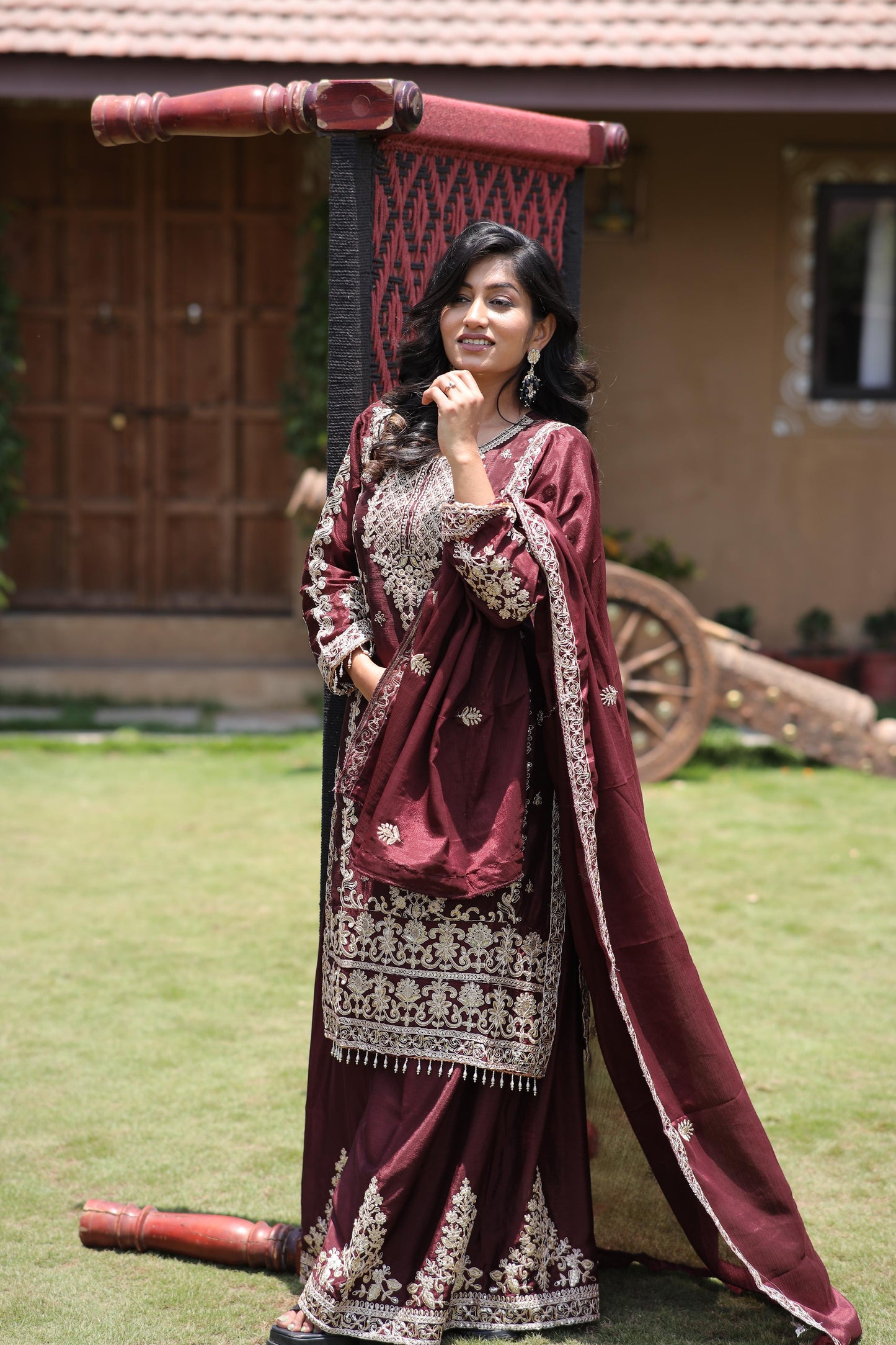 Exquisite Coffee Colour Kurti Plazzo 3-Piece Set