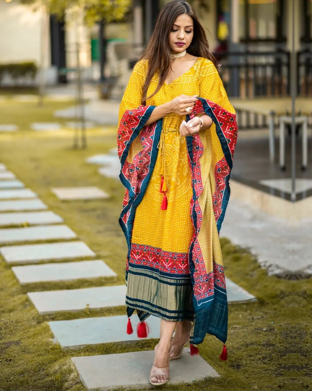 Sunshine Yellow Bandhani Print Satin Kaftan | Designer Free Size Dress