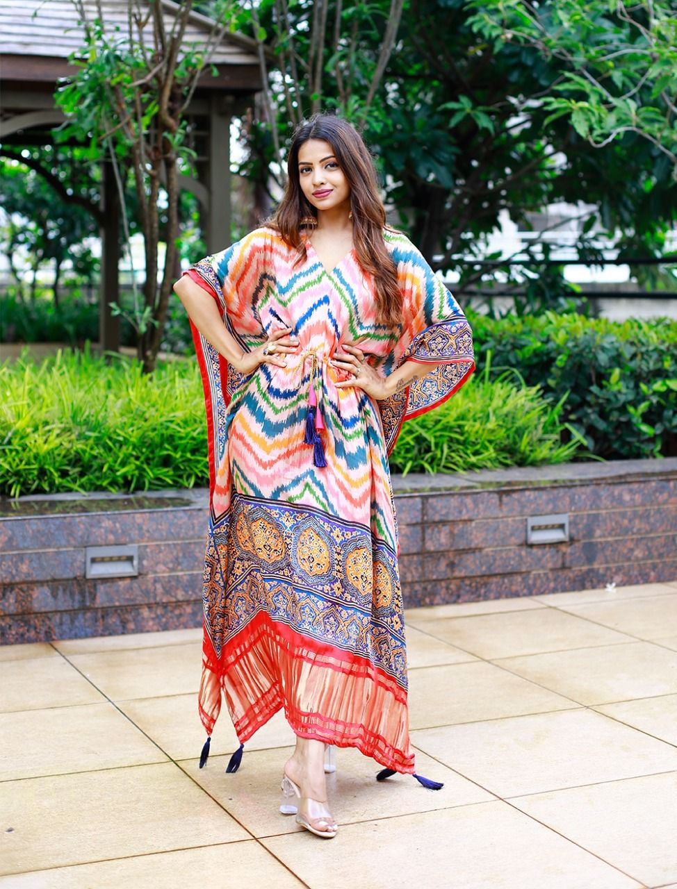 Vibrant Multicolor Chevron & Ethnic Print Satin Kaftan | Designer Free Size Dress