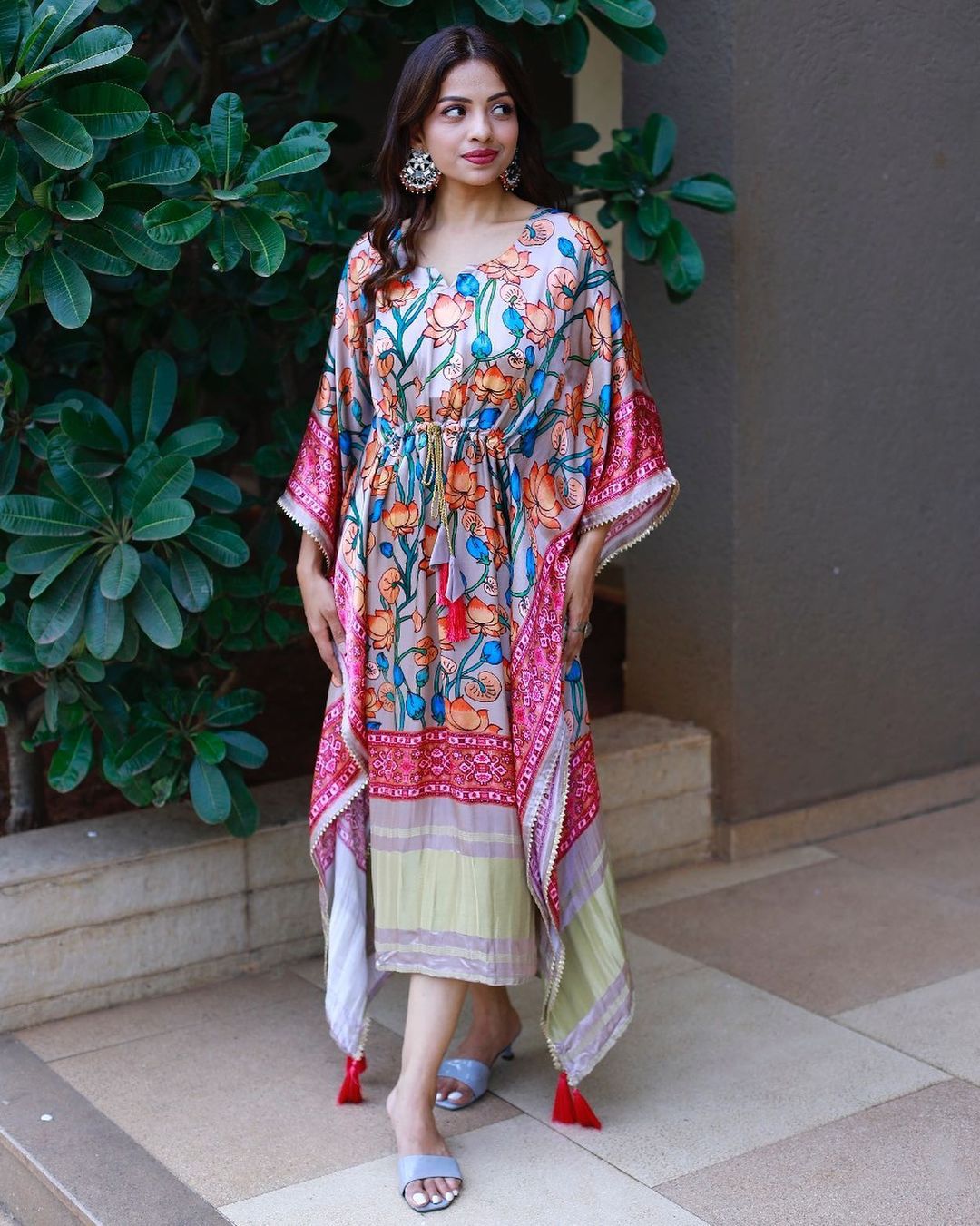 Ethereal Floral & Paisley Print Satin Kaftan | Designer Free Size Dress