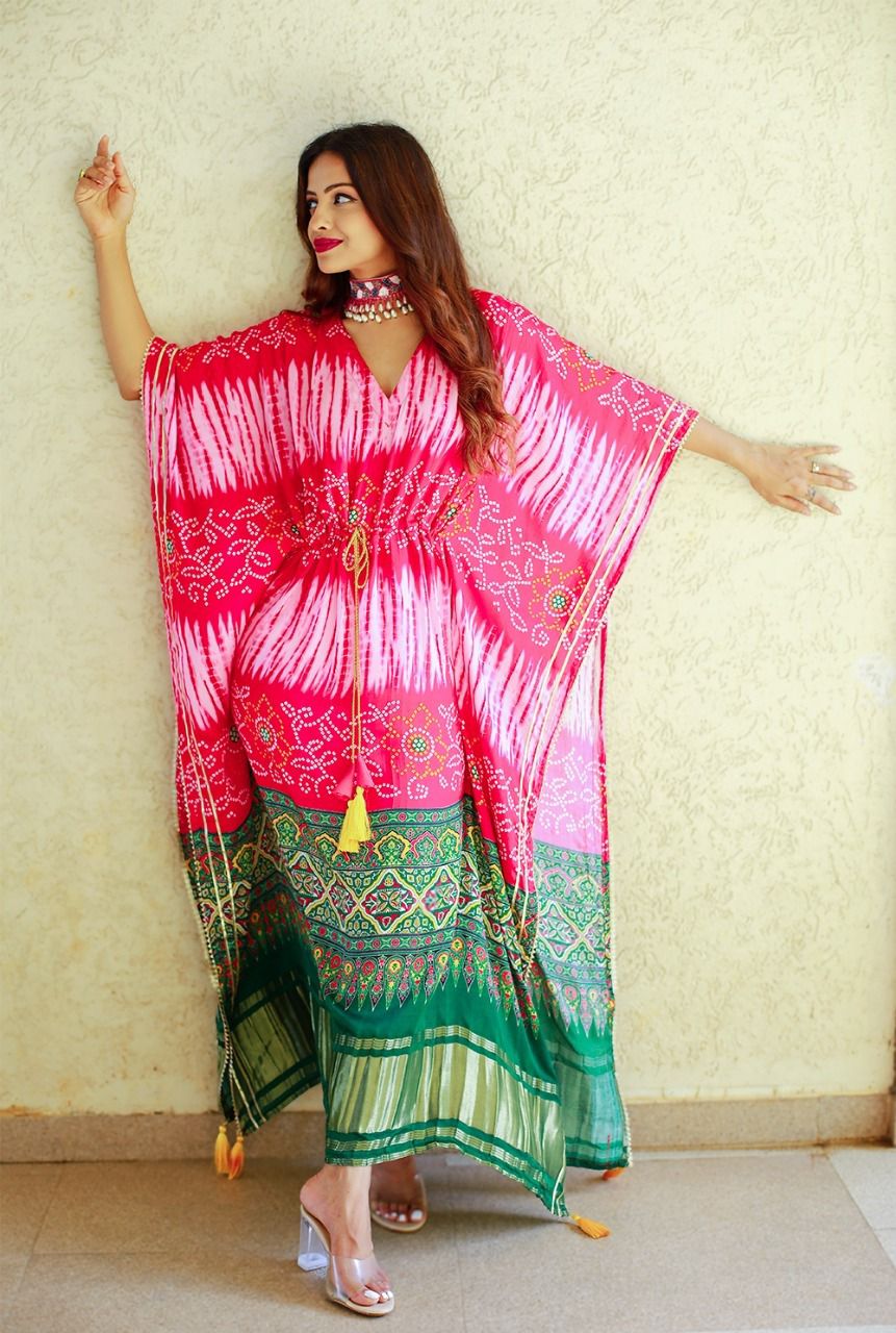 Hot Pink & Green Tie-Dye Bandhani Satin Kaftan | Designer Free Size Dress