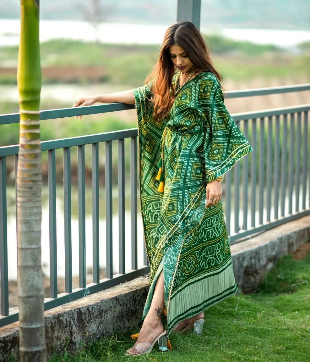Emerald Green Bandhani Print Satin Kaftan | Designer Free Size Dress