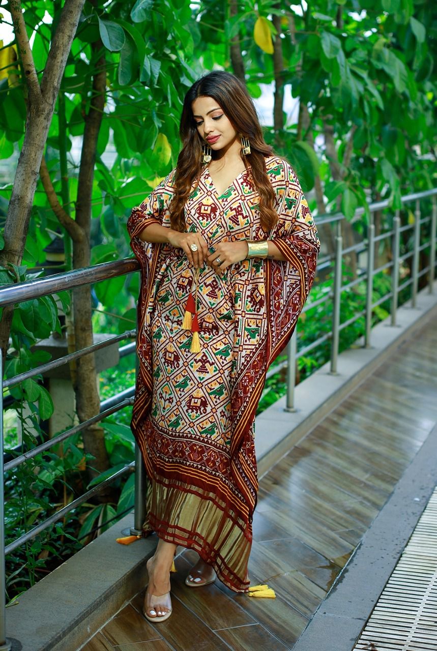 Earthy Tones Geometric & Elephant Print Satin Kaftan | Designer Free Size Dress