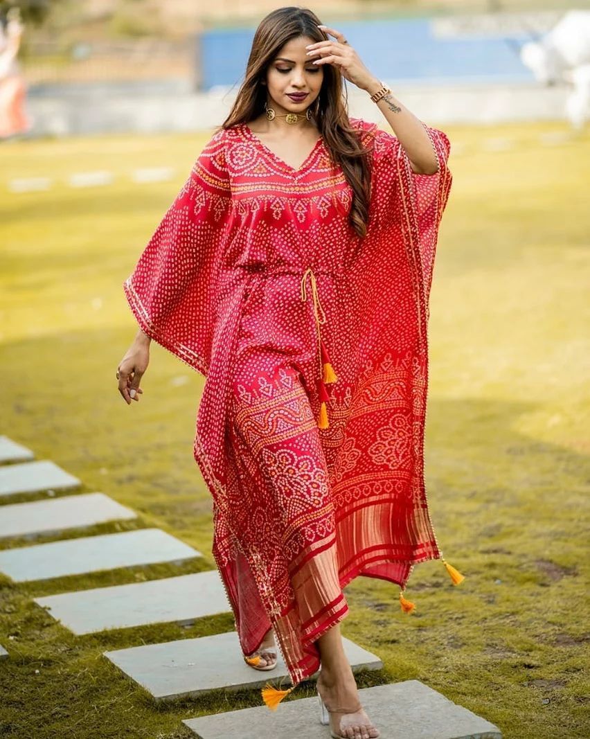 Vibrant Red Bandhani Print Satin Kaftan | Designer Free Size Dress