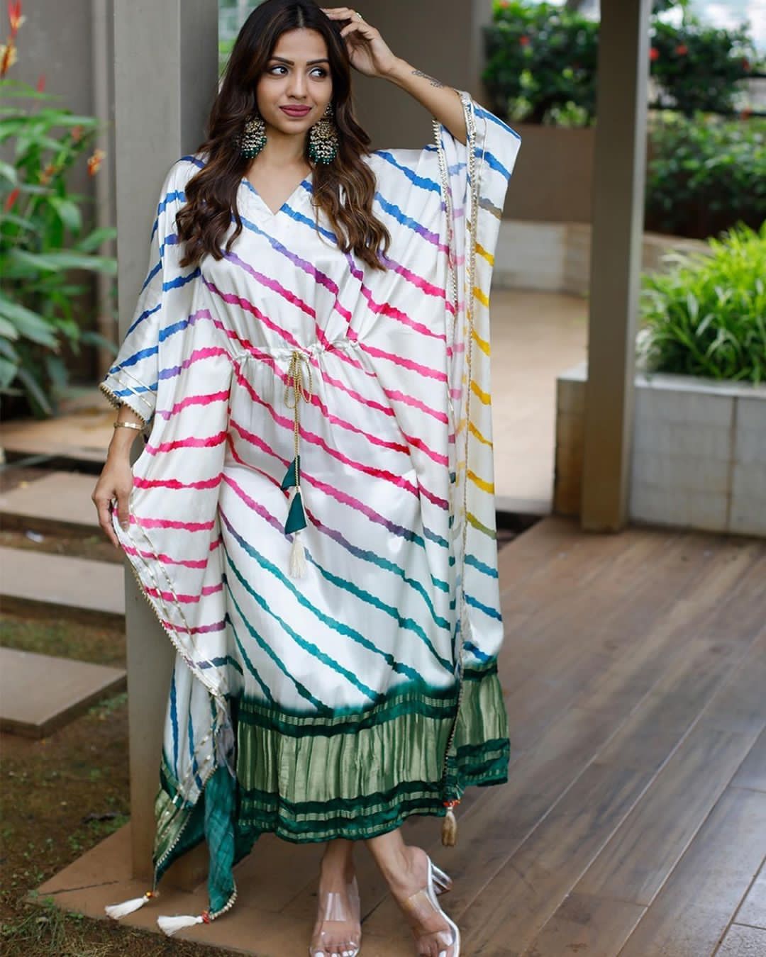 Vibrant Multicolor Stripe Satin Kaftan | Designer Free Size Dress
