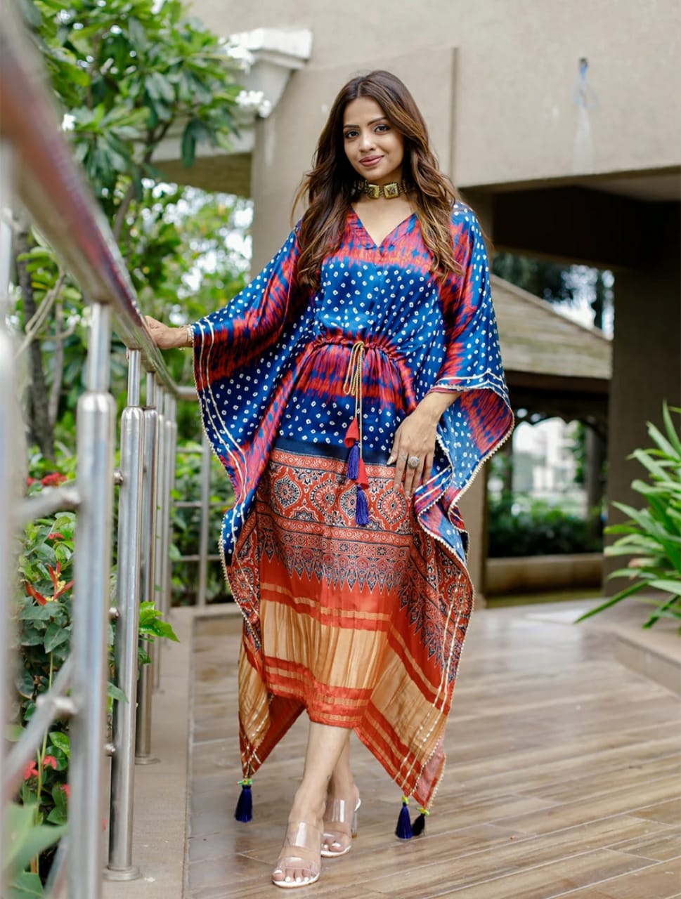 Bohemian Blue & Red Tie-Dye Print Satin Kaftan | Designer Free Size Dress