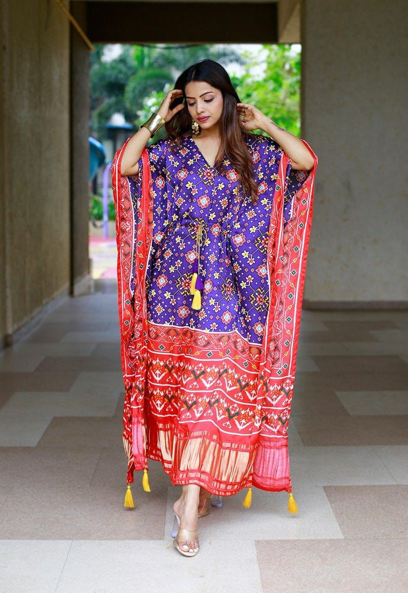 Regal Purple & Red Gujarati Print Satin Kaftan | Designer Free Size Dress