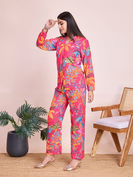 Vibrant Hot Pink Floral Rayon Slub Co-Ords Set - Ready-to-Wear
