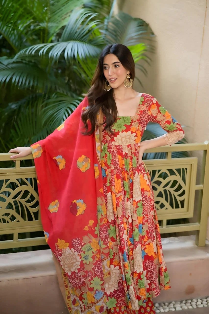Vibrant Red Multi-Floral Muslin Cotton Anarkali Gown Set