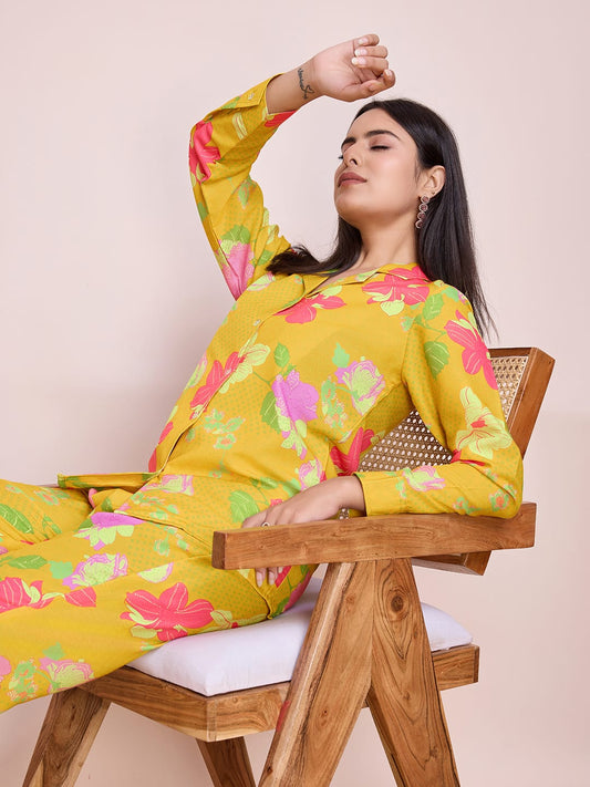 Chic Yellow Floral Rayon Slub Co-Ords Set - Ready-to-Wear