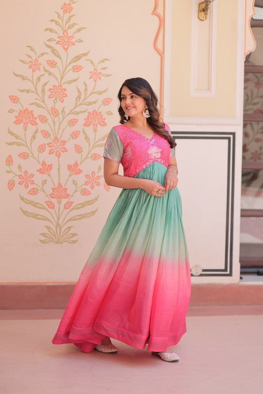 Ombre Sequin Embroidered V-Neck Gown - Pink & Green Flair Dress