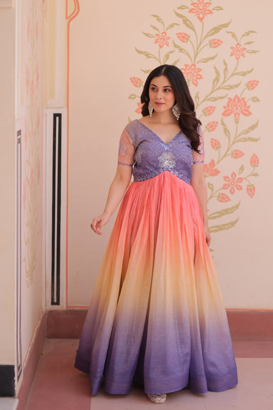 Enchanting Ombre Sequin Gown - Purple & Peach Flair Dress 💜🧡