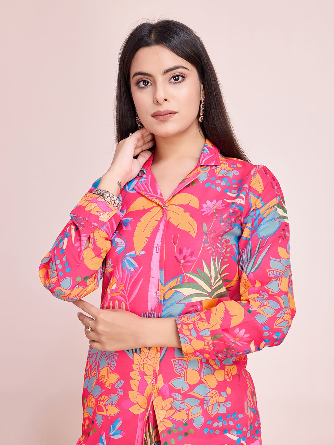 Vibrant Hot Pink Floral Rayon Slub Co-Ords Set - Ready-to-Wear