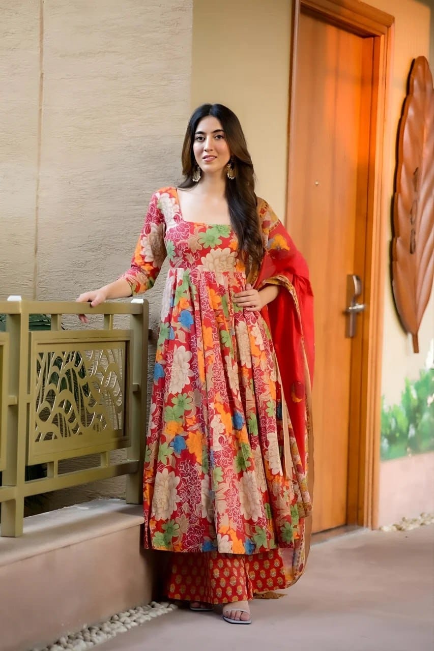 Vibrant Red Multi-Floral Muslin Cotton Anarkali Gown Set