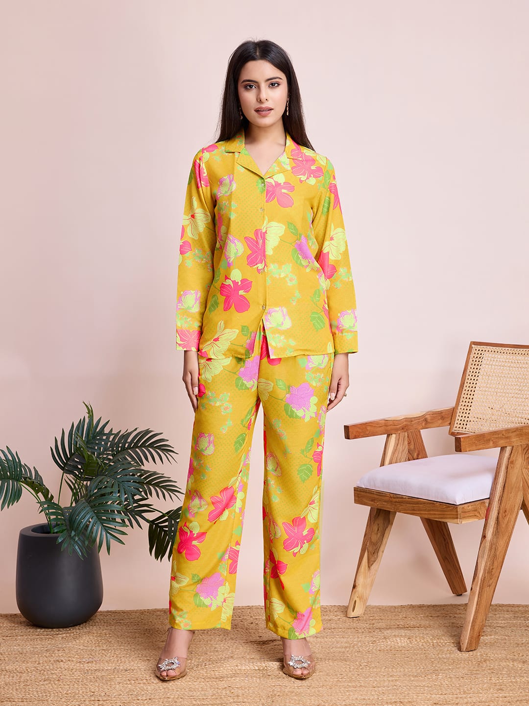 Chic Yellow Floral Rayon Slub Co-Ords Set - Ready-to-Wear