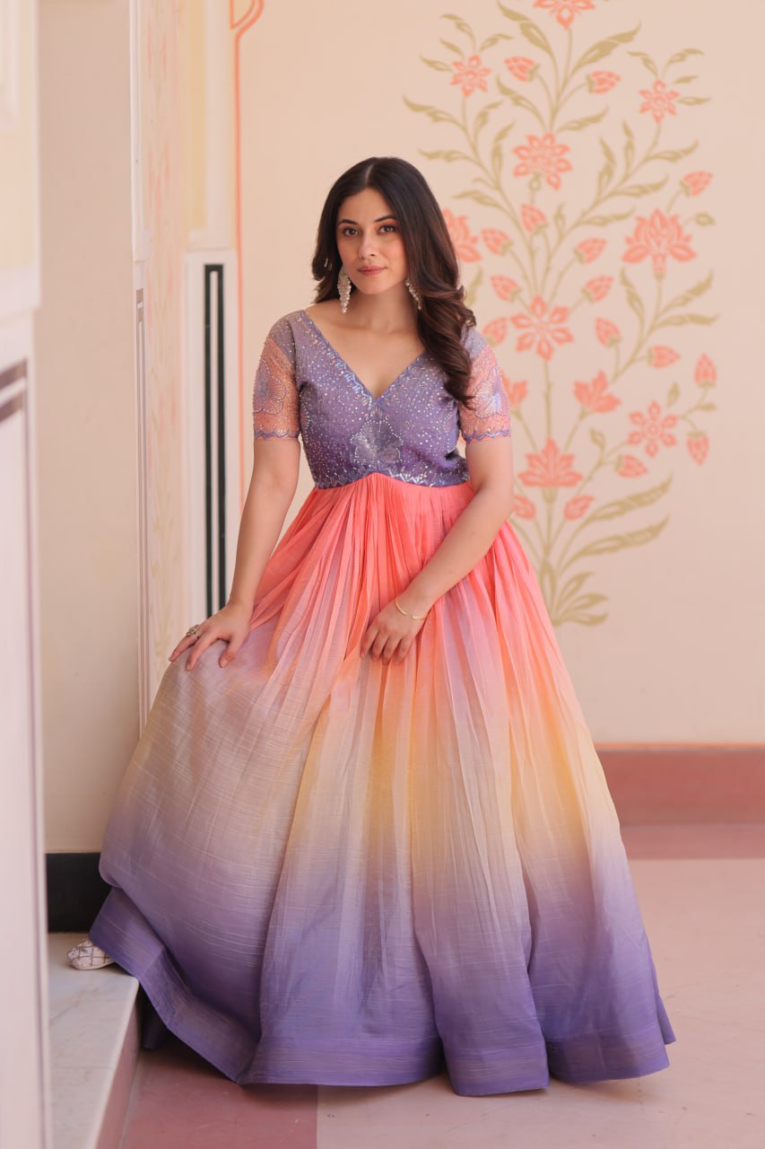 Enchanting Ombre Sequin Gown - Purple & Peach Flair Dress ππ§‘