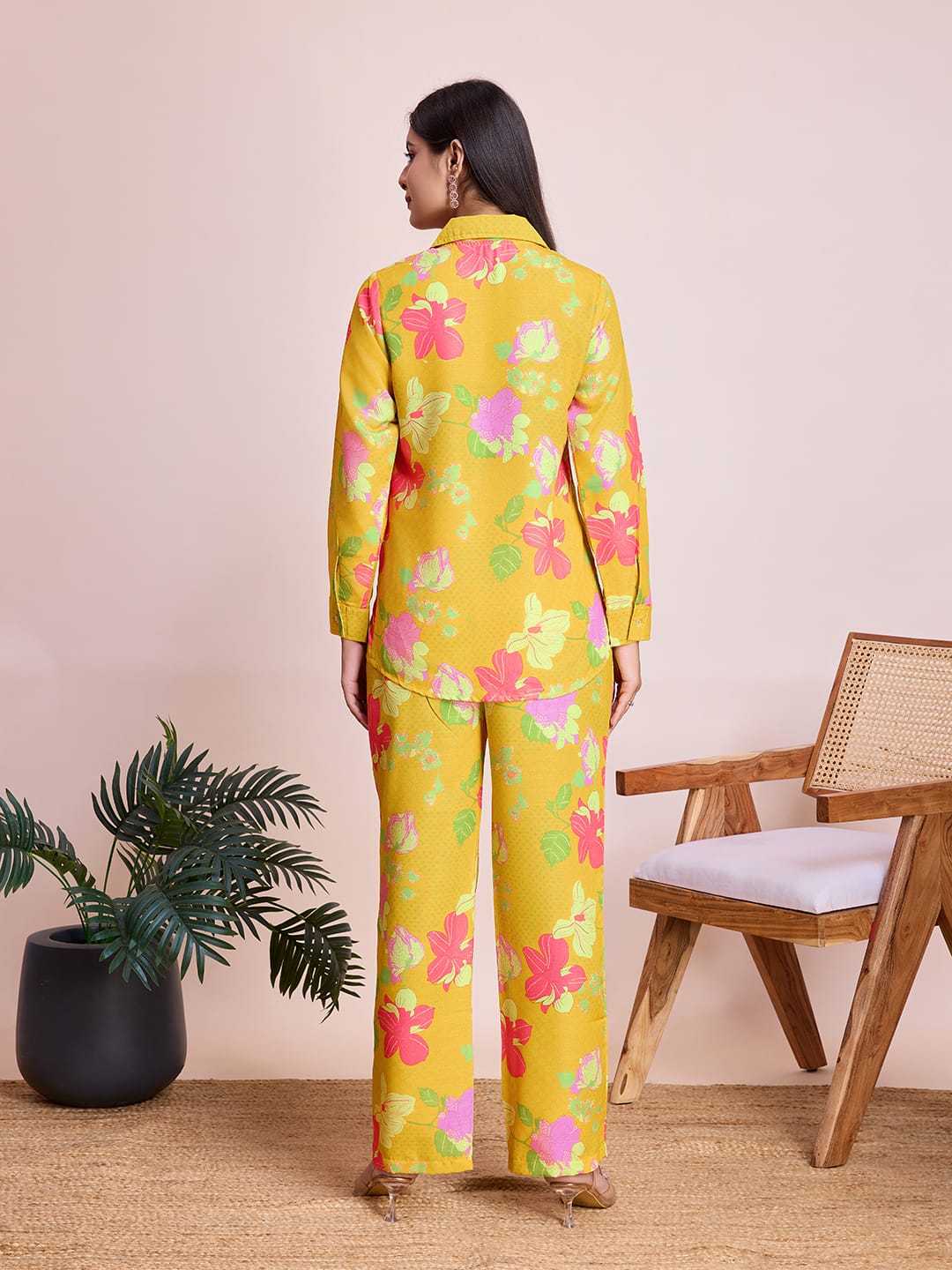 Chic Yellow Floral Rayon Slub Co-Ords Set - Ready-to-Wear