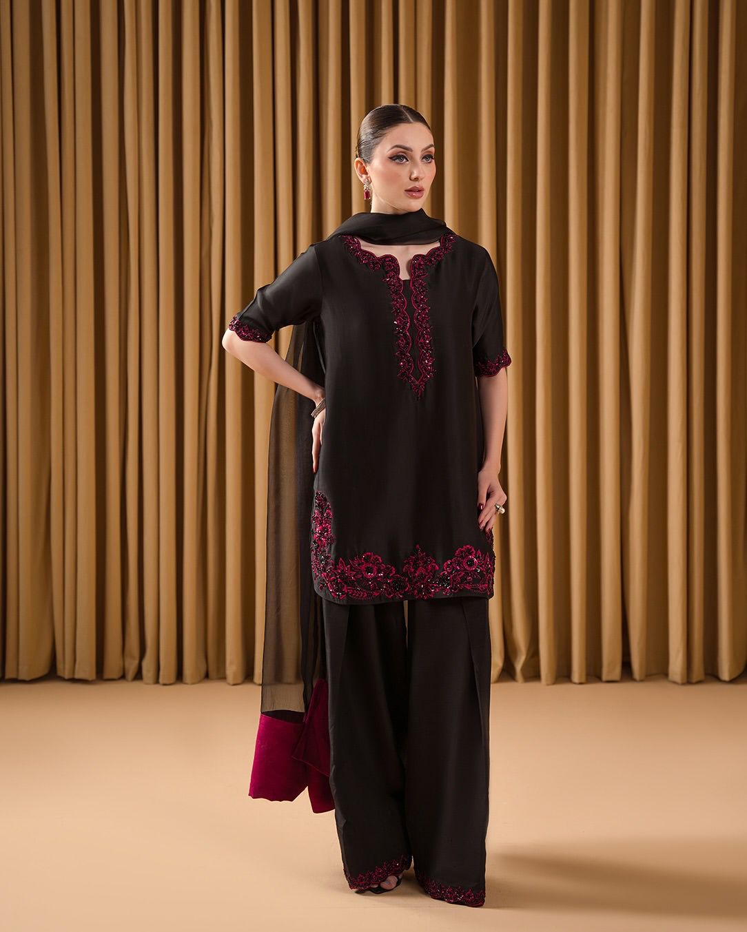Designer Party Wear Crepe Co-Ord Set with Farshi Palazzo & Dupatta