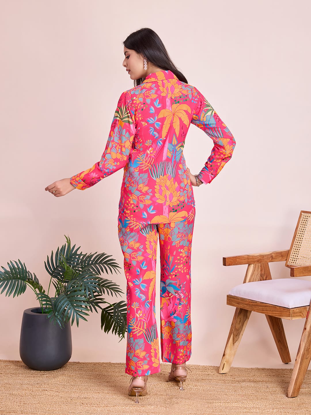 Vibrant Hot Pink Floral Rayon Slub Co-Ords Set - Ready-to-Wear
