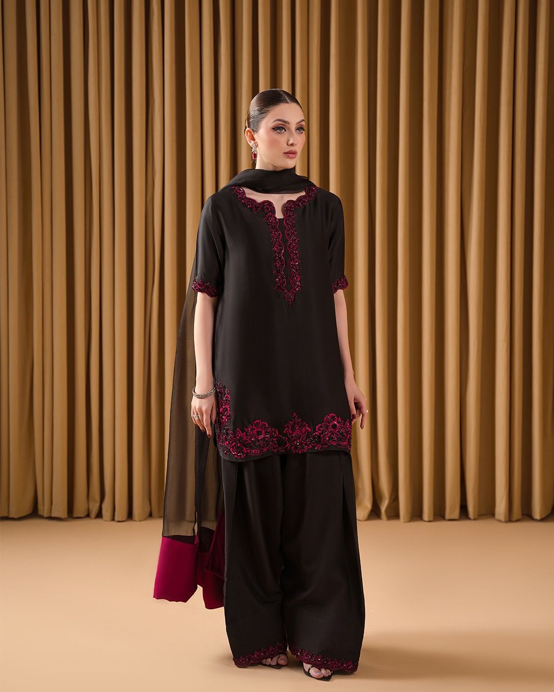 Designer Party Wear Crepe Co-Ord Set with Farshi Palazzo & Dupatta