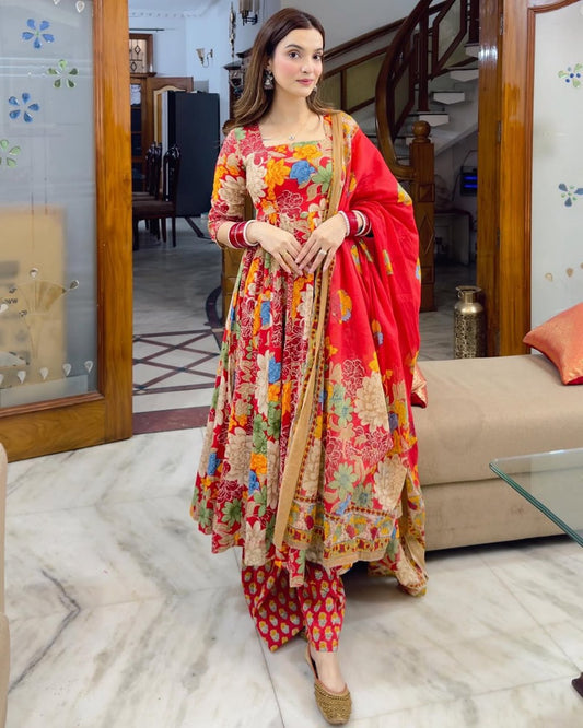 Vibrant Red Multi-Floral Muslin Cotton Anarkali Gown Set