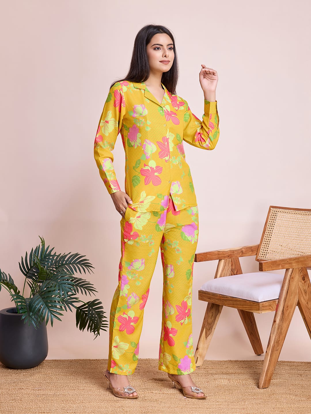 Chic Yellow Floral Rayon Slub Co-Ords Set - Ready-to-Wear