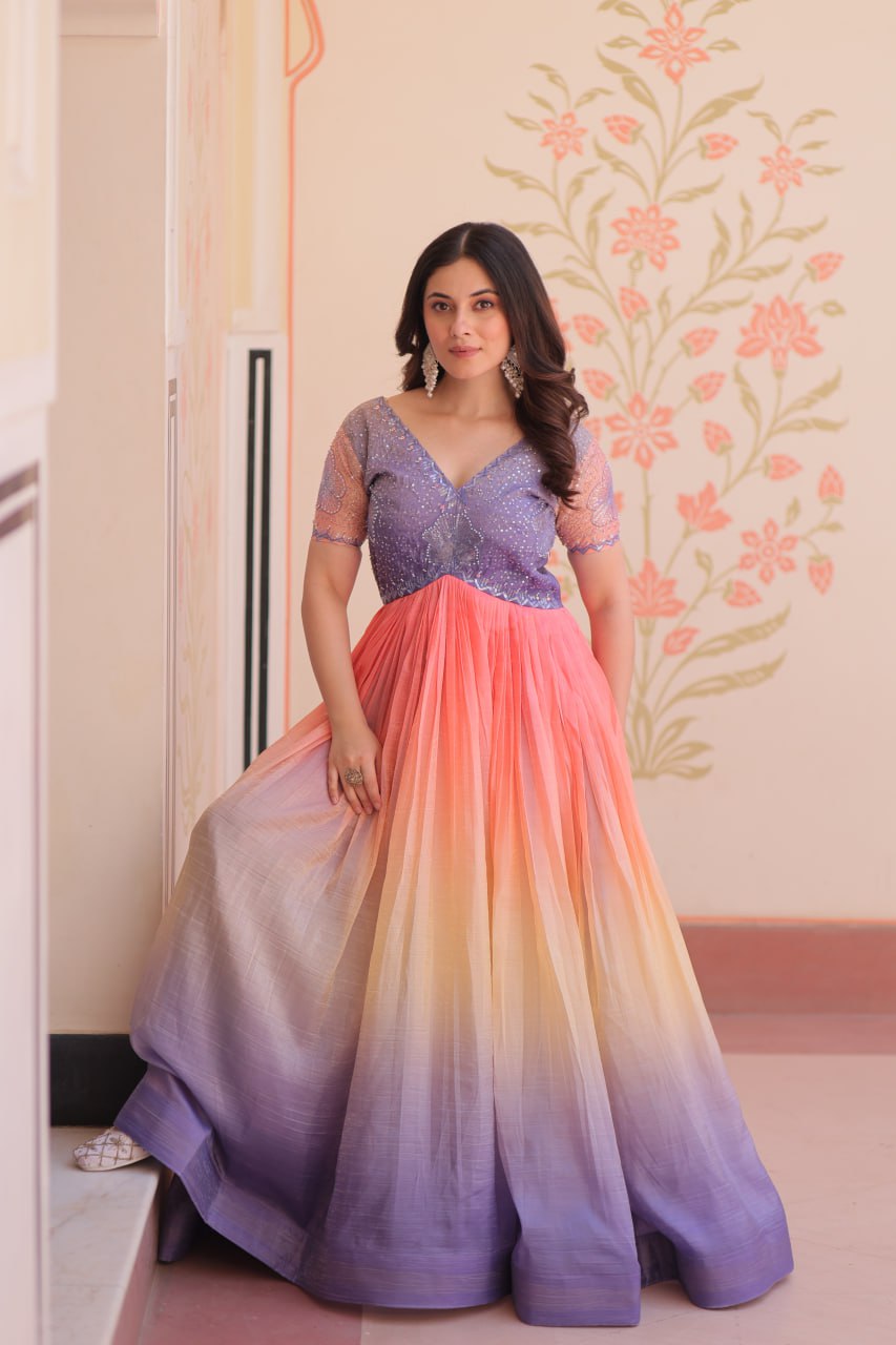 Enchanting Ombre Sequin Gown - Purple & Peach Flair Dress ππ§‘