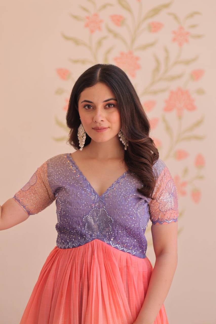 Enchanting Ombre Sequin Gown - Purple & Peach Flair Dress ππ§‘