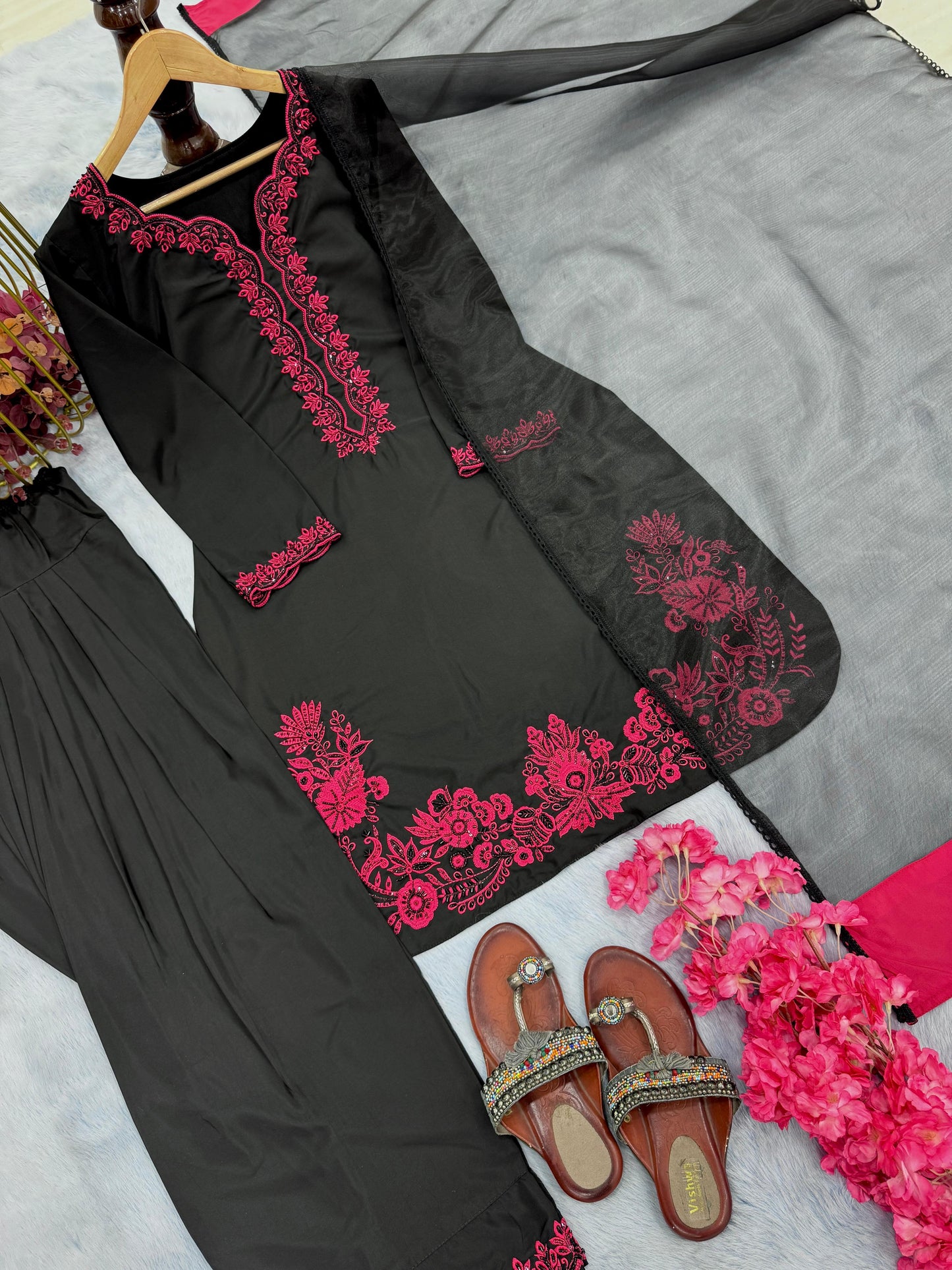 Designer Party Wear Crepe Co-Ord Set with Farshi Palazzo & Dupatta