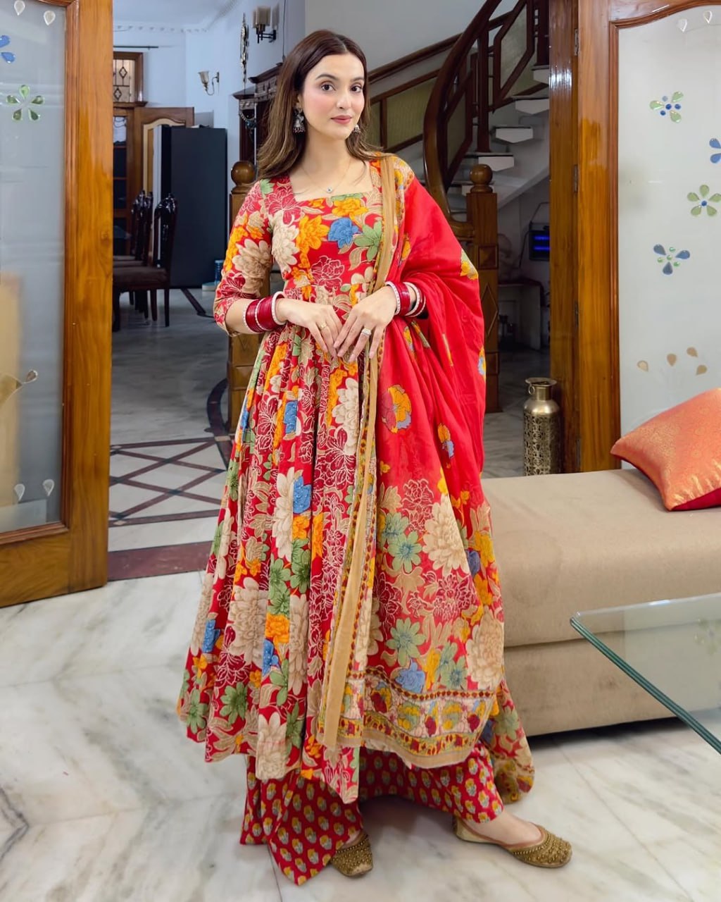 Vibrant Red Multi-Floral Muslin Cotton Anarkali Gown Set