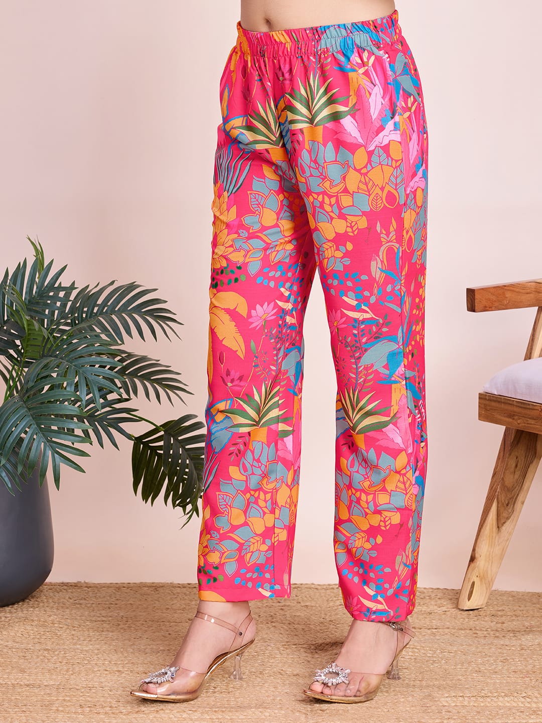 Vibrant Hot Pink Floral Rayon Slub Co-Ords Set - Ready-to-Wear