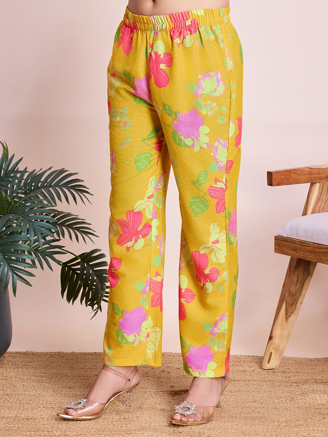 Chic Yellow Floral Rayon Slub Co-Ords Set - Ready-to-Wear