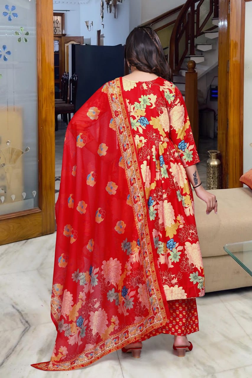 Vibrant Red Multi-Floral Muslin Cotton Anarkali Gown Set