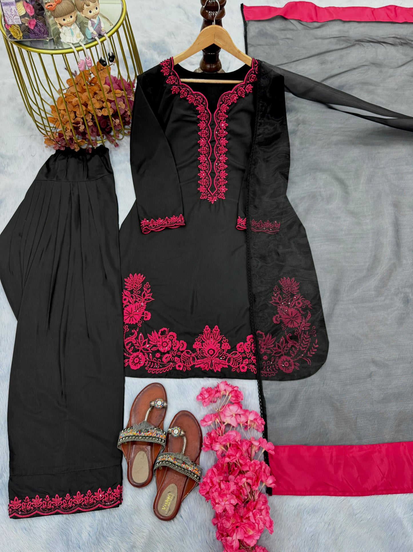 Designer Party Wear Crepe Co-Ord Set with Farshi Palazzo & Dupatta