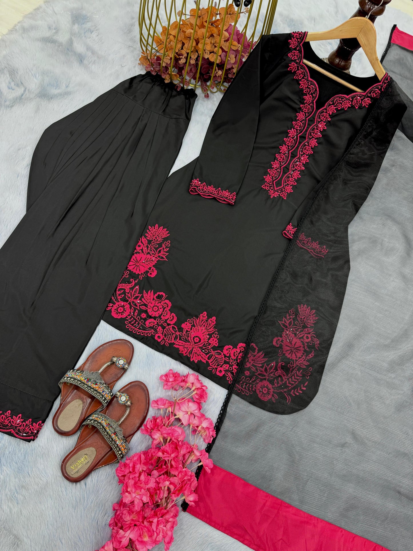 Designer Party Wear Crepe Co-Ord Set with Farshi Palazzo & Dupatta