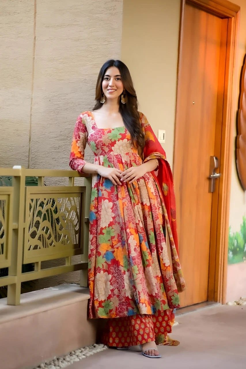 Vibrant Red Multi-Floral Muslin Cotton Anarkali Gown Set