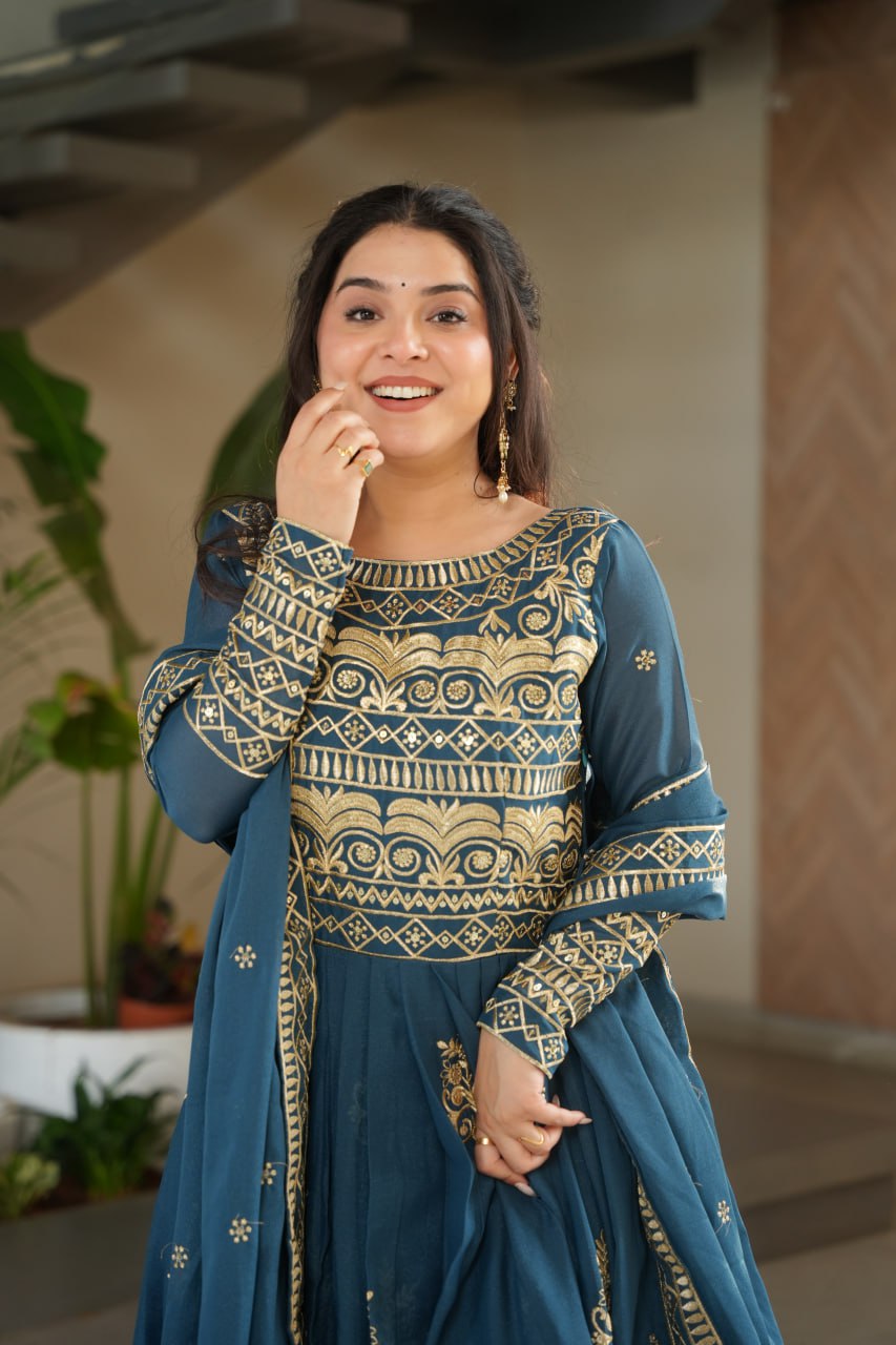Premium Teal Blue Embroidered Chinnon Gown with Dupatta
