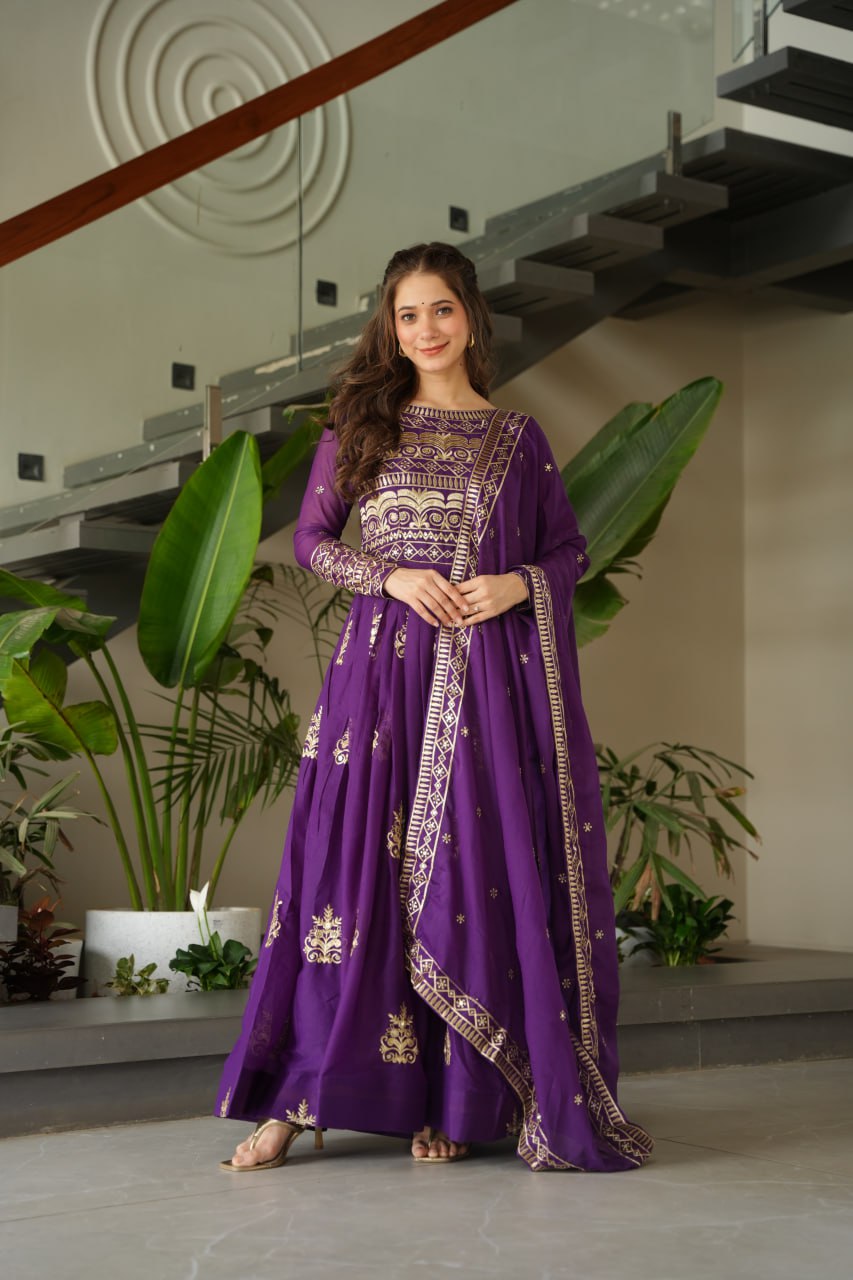 Premium Purple Embroidered Chinnon Gown with Dupatta