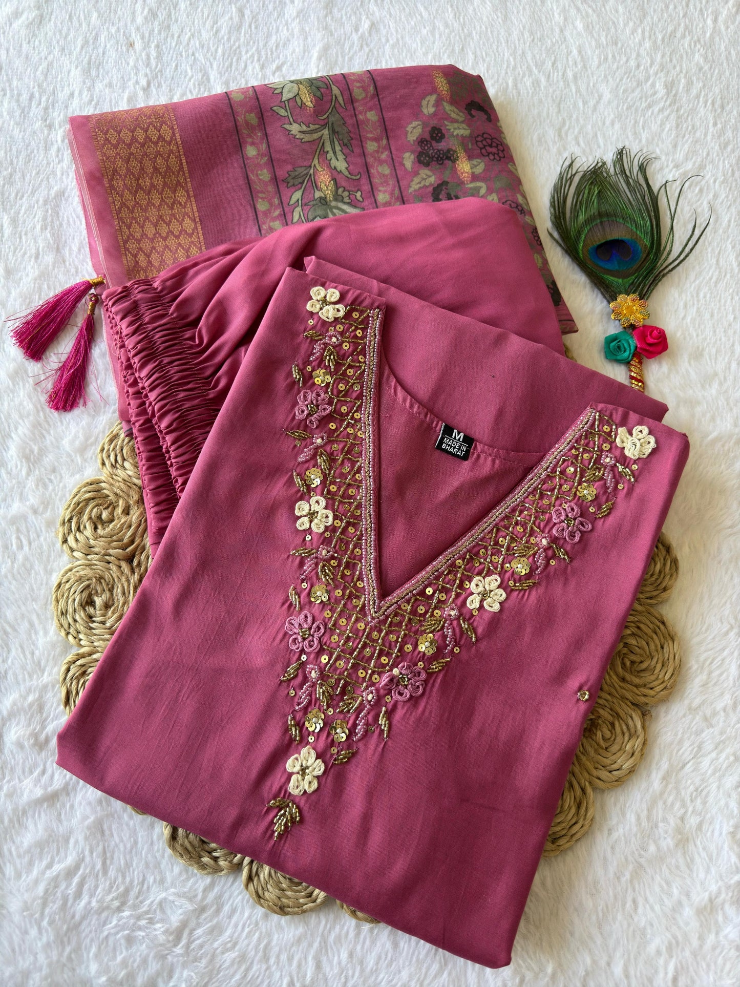 Premium Rouge Roman Silk Kurti Set with Chanderi Jacquard Dupatta