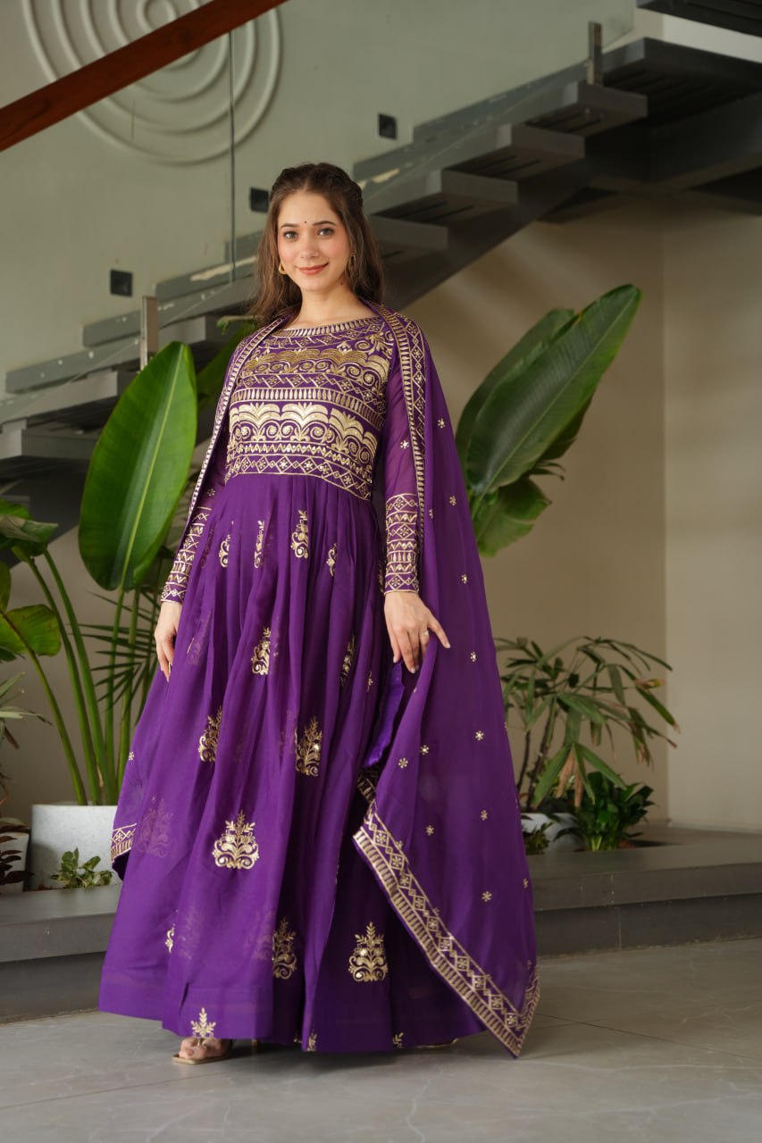 Premium Purple Embroidered Chinnon Gown with Dupatta