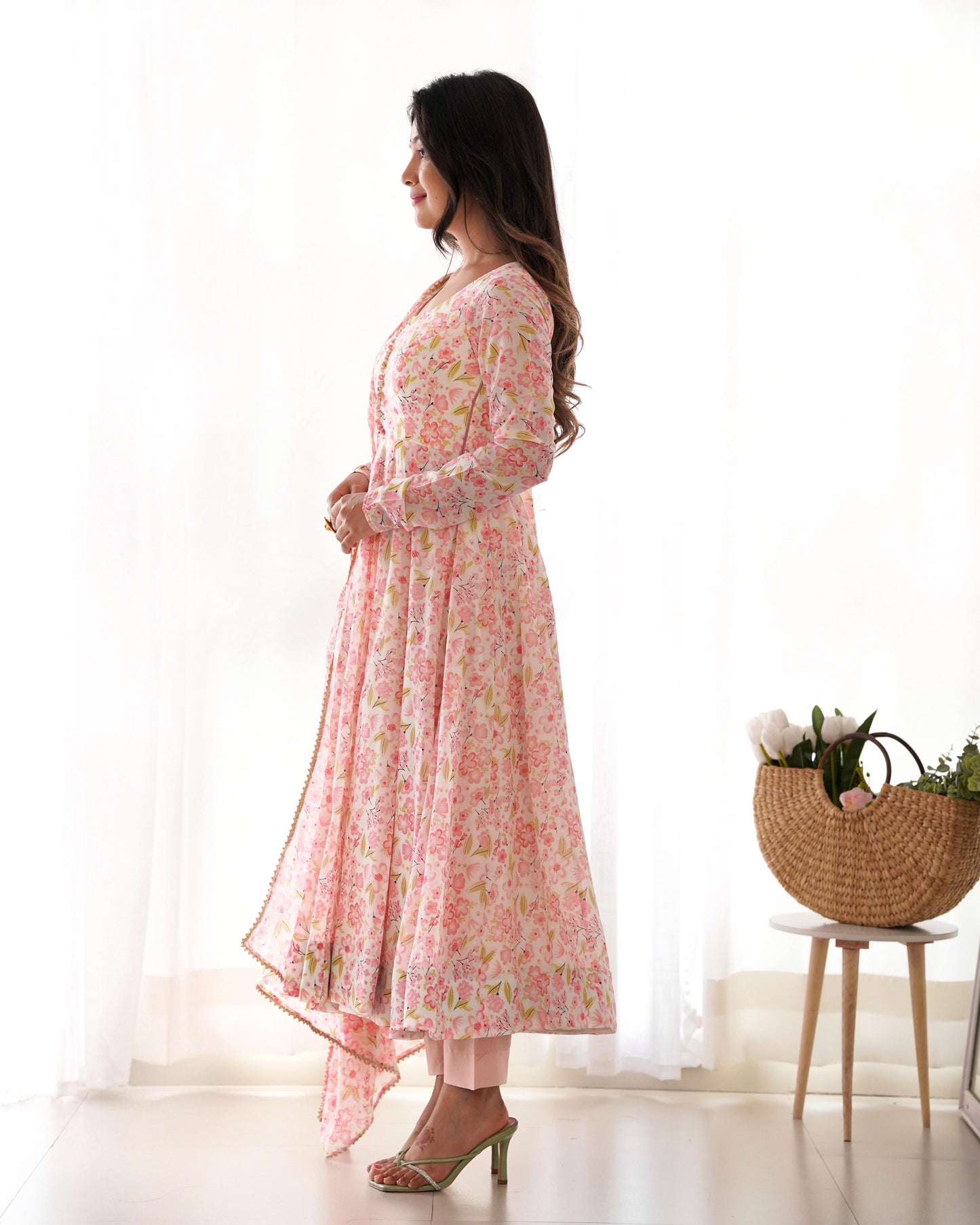 Pure Orange Chiffon Floral Print Anarkali Gown with Dupatta & Pant
