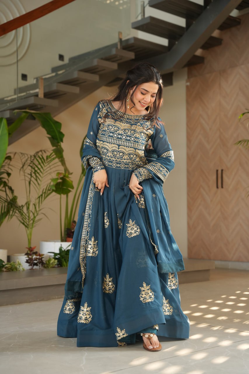 Premium Teal Blue Embroidered Chinnon Gown with Dupatta
