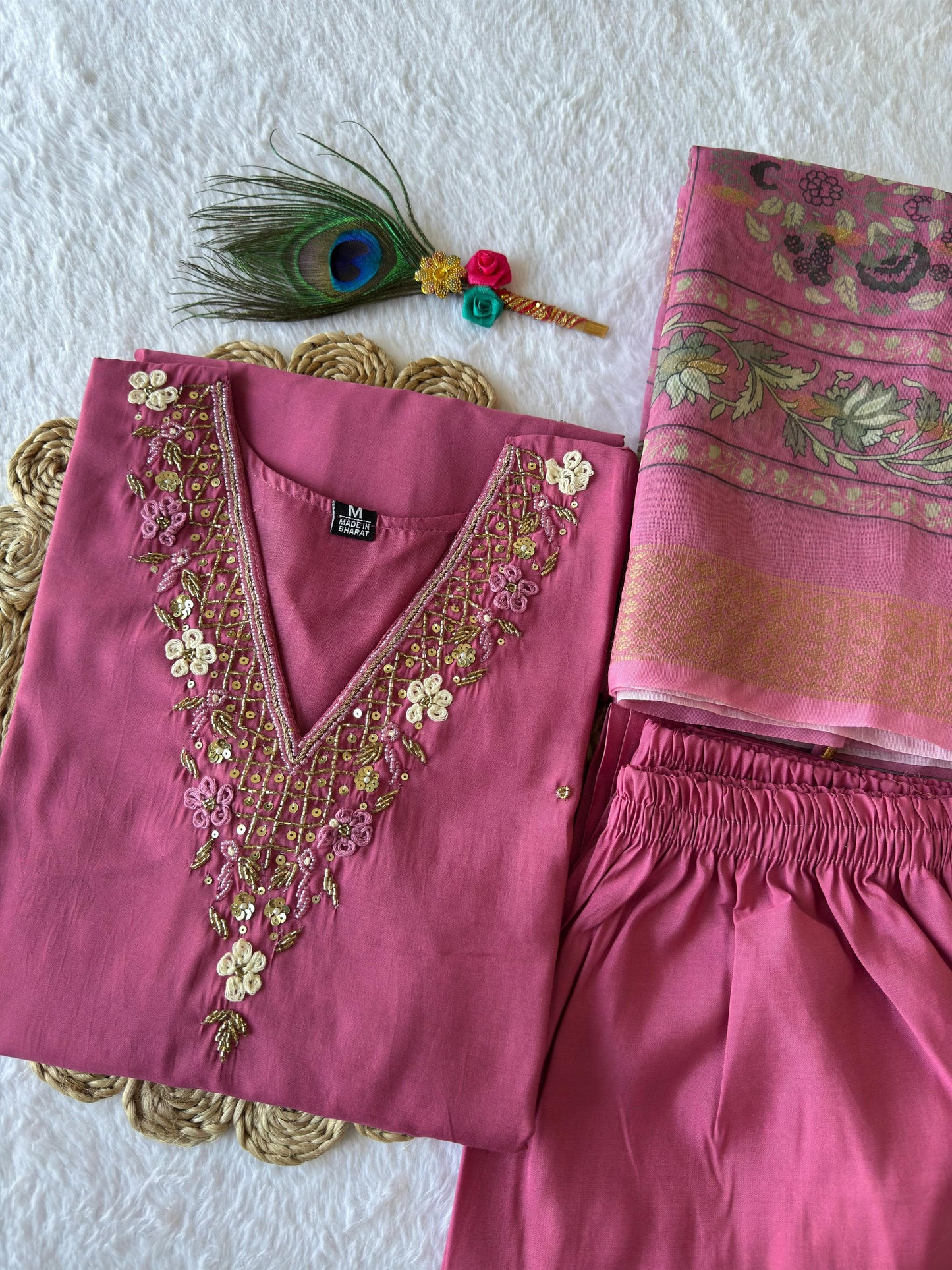 Premium Rouge Roman Silk Kurti Set with Chanderi Jacquard Dupatta